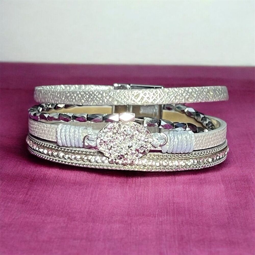 Boho Leather Wrap Bracelet with Rhinestones and Magnetic Clasp - Picture 3 of 13